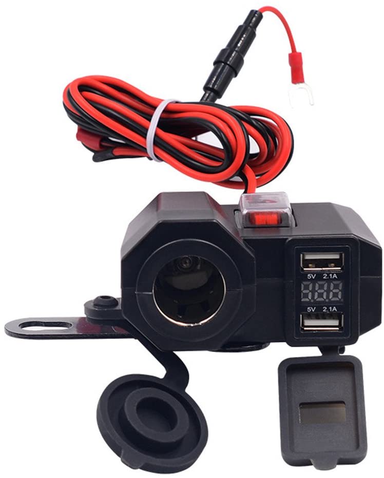 12V Motorcycle Charger,Waterproof Cigarette Lighter Double USB with Digital Voltmeter Car Accessor