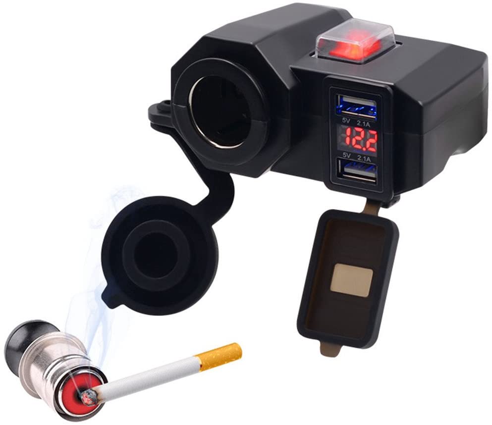 12V Motorcycle Charger,Waterproof Cigarette Lighter Double USB with Digital Voltmeter Car Accessor