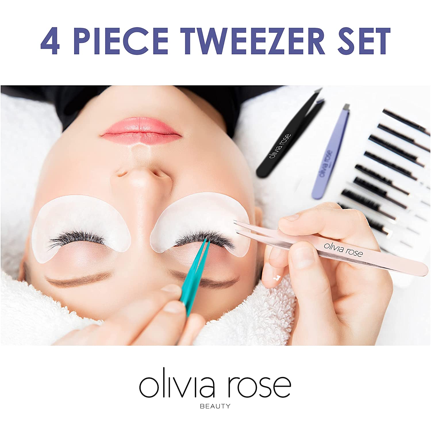 Olivia Rose Tweezer Set 4-Piece Professional Tweezers for Women/Men, Great Precision Hair Tweezers f