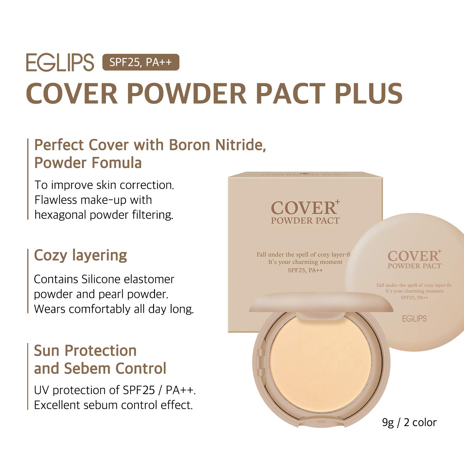 EGLIPS Cover Powder Pact Plus(SPF25/PA++)#21 9g/0.3oz - Pressed Powder Pact with Mirror and Powder P