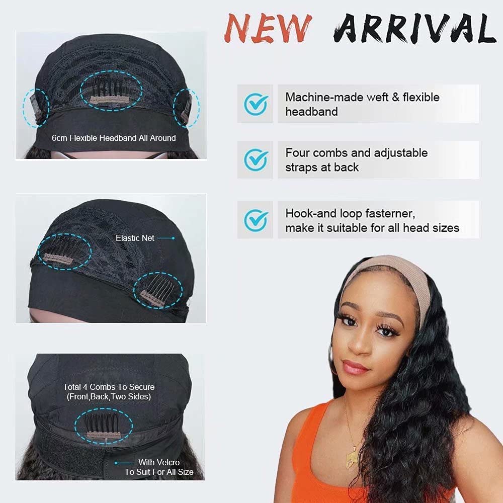 IVCoco Curly Headband Wig Human Hair Glueless None Lace Front Wigs, Headband Human Hair Wigs 180% De