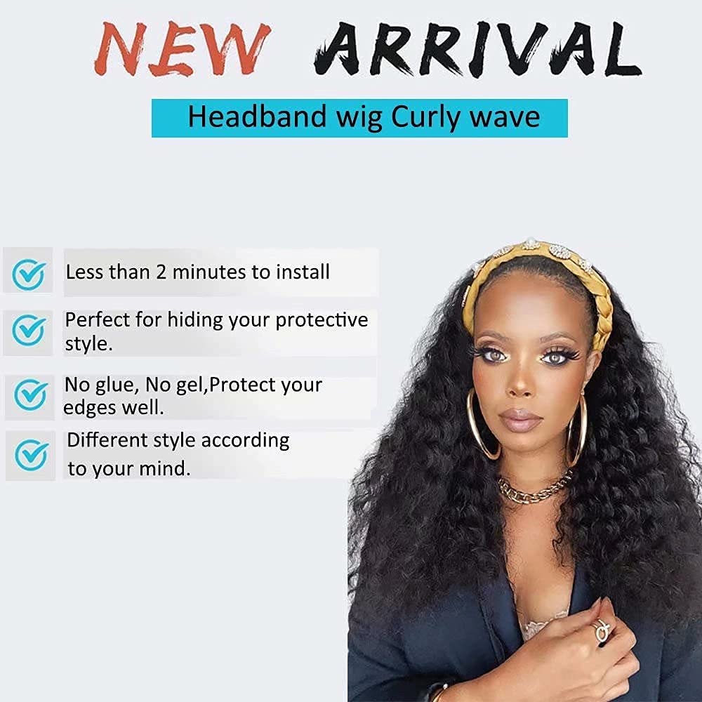 IVCoco Curly Headband Wig Human Hair Glueless None Lace Front Wigs, Headband Human Hair Wigs 180% De