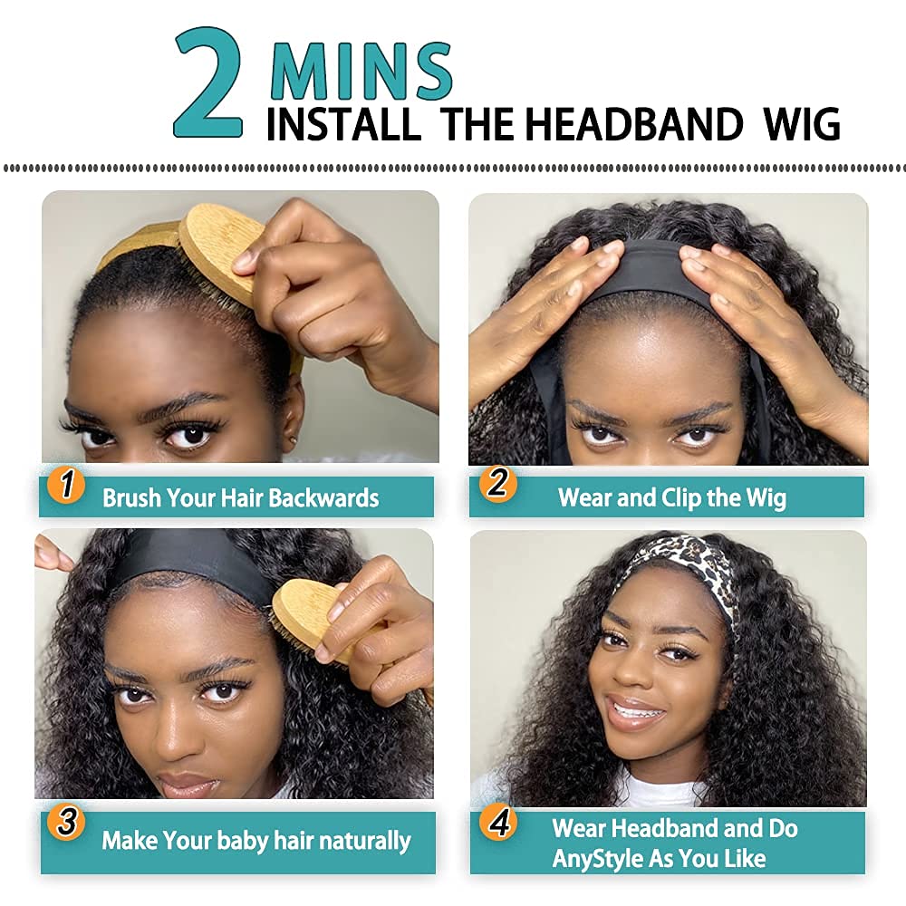 IVCoco Curly Headband Wig Human Hair Glueless None Lace Front Wigs, Headband Human Hair Wigs 180% De