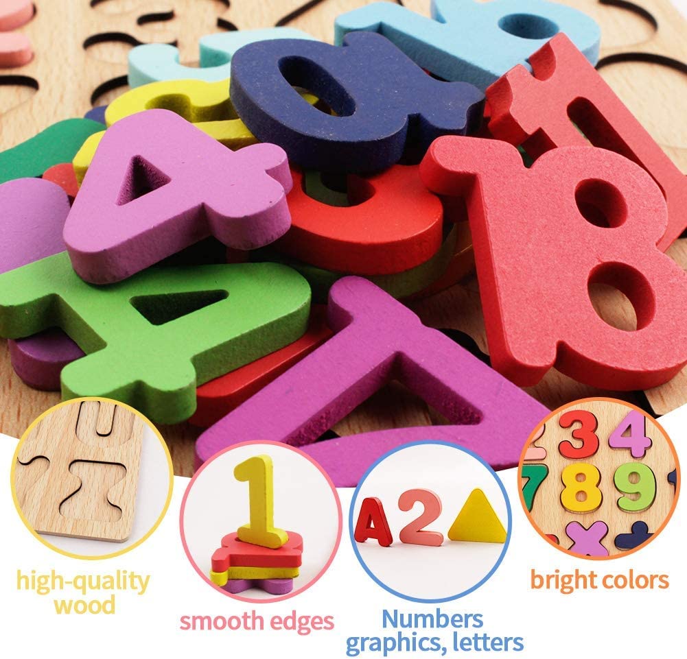 Wooden Puzzles for Toddlers, 3 in 1 Wooden Peg Puzzle Set Wooden Alphabet ABC Number Shape Puzzles B