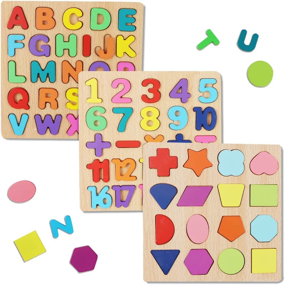 Wooden Puzzles for Toddlers, 3 in 1 Wooden Peg Puzzle Set Wooden Alphabet ABC Number Shape Puzzles B