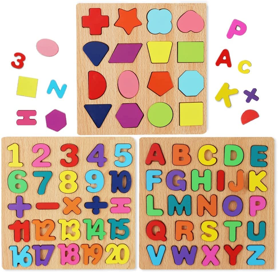 Wooden Puzzles for Toddlers, 3 in 1 Wooden Peg Puzzle Set Wooden Alphabet ABC Number Shape Puzzles B