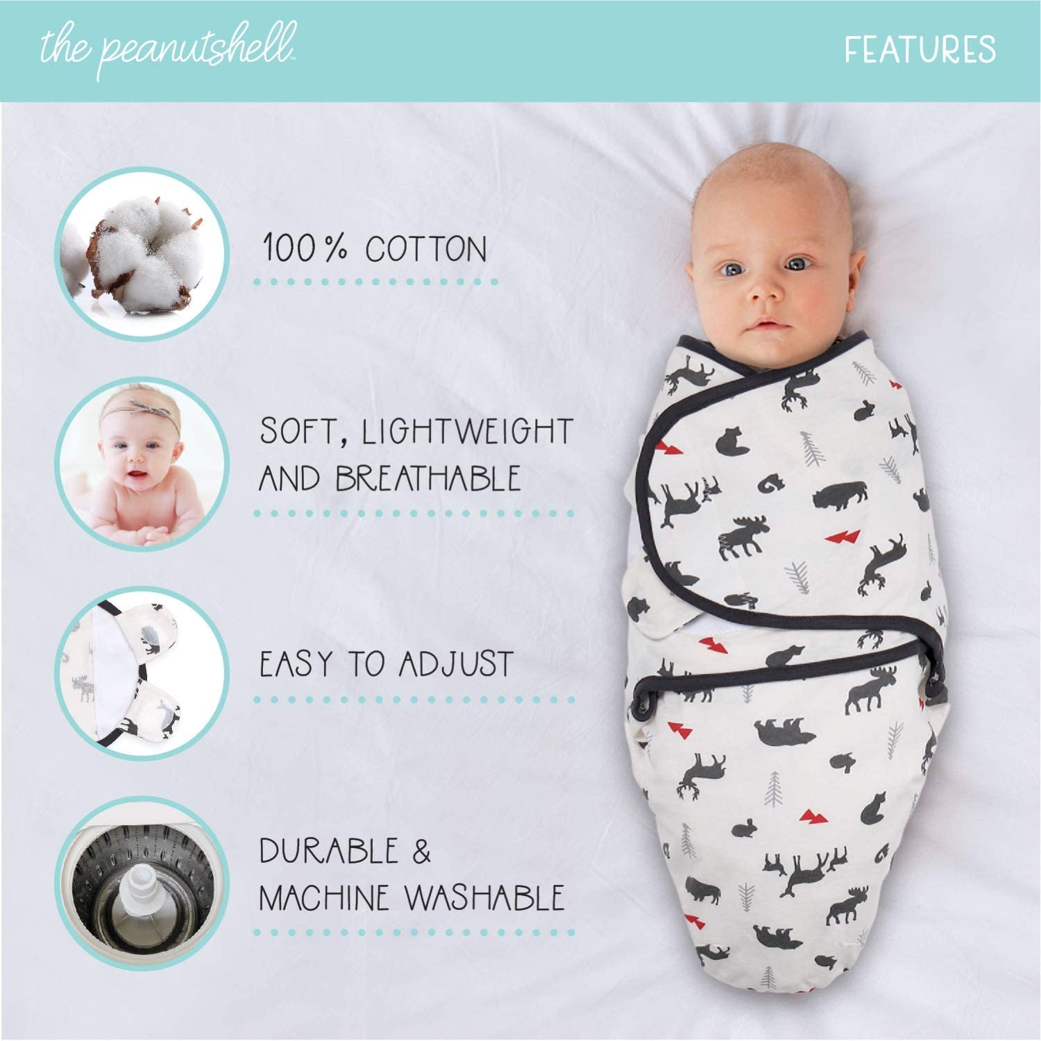 The Peanutshell Baby Swaddle Blankets for Boys or Girls, Woodland Animals & Buffalo Plaid, 3 Pack Wr