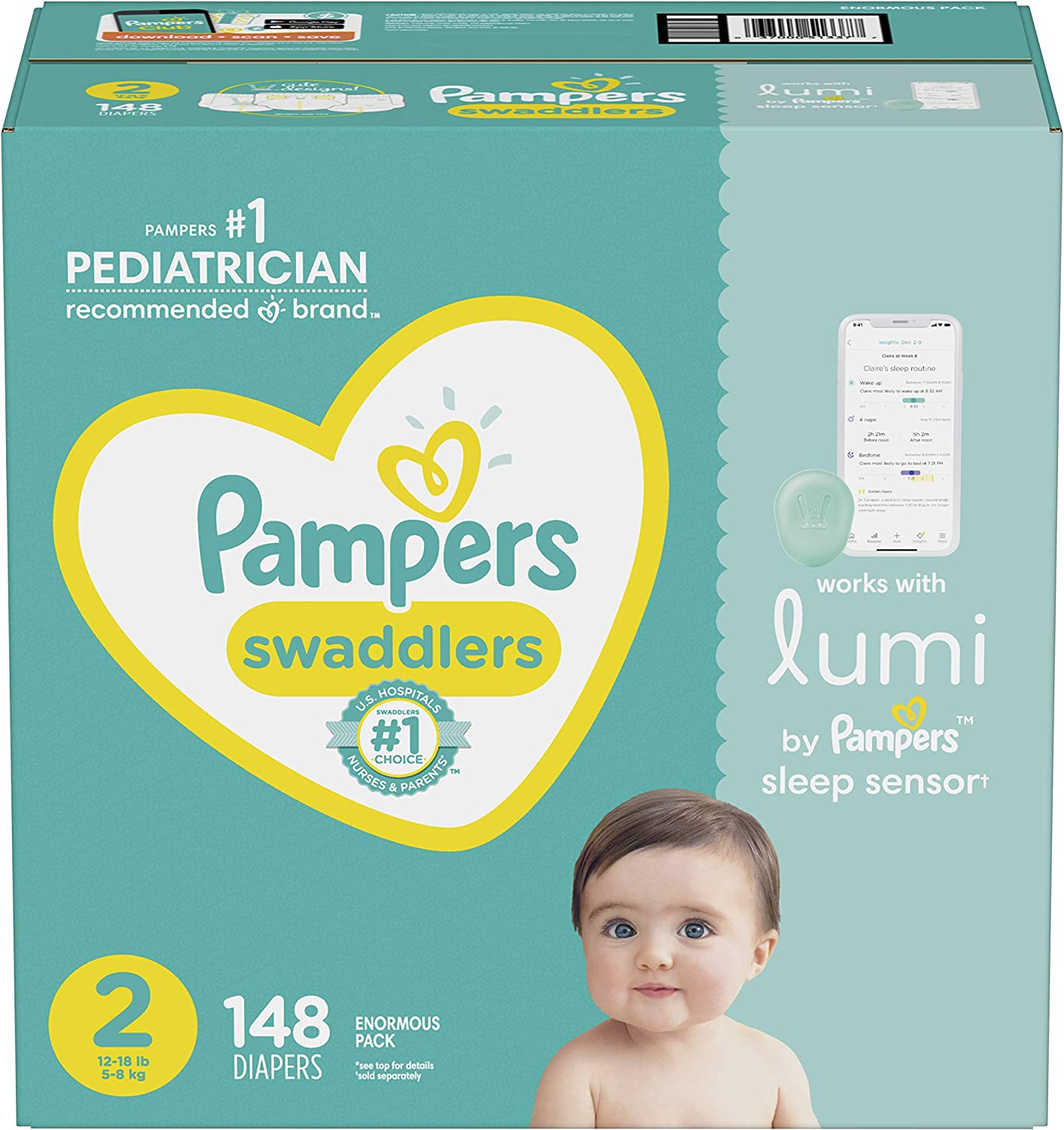 Lumi by Pampers, Size 2 Diapers, Enormous - Compatible with Lumi Sleep System (Sold Separately), 148