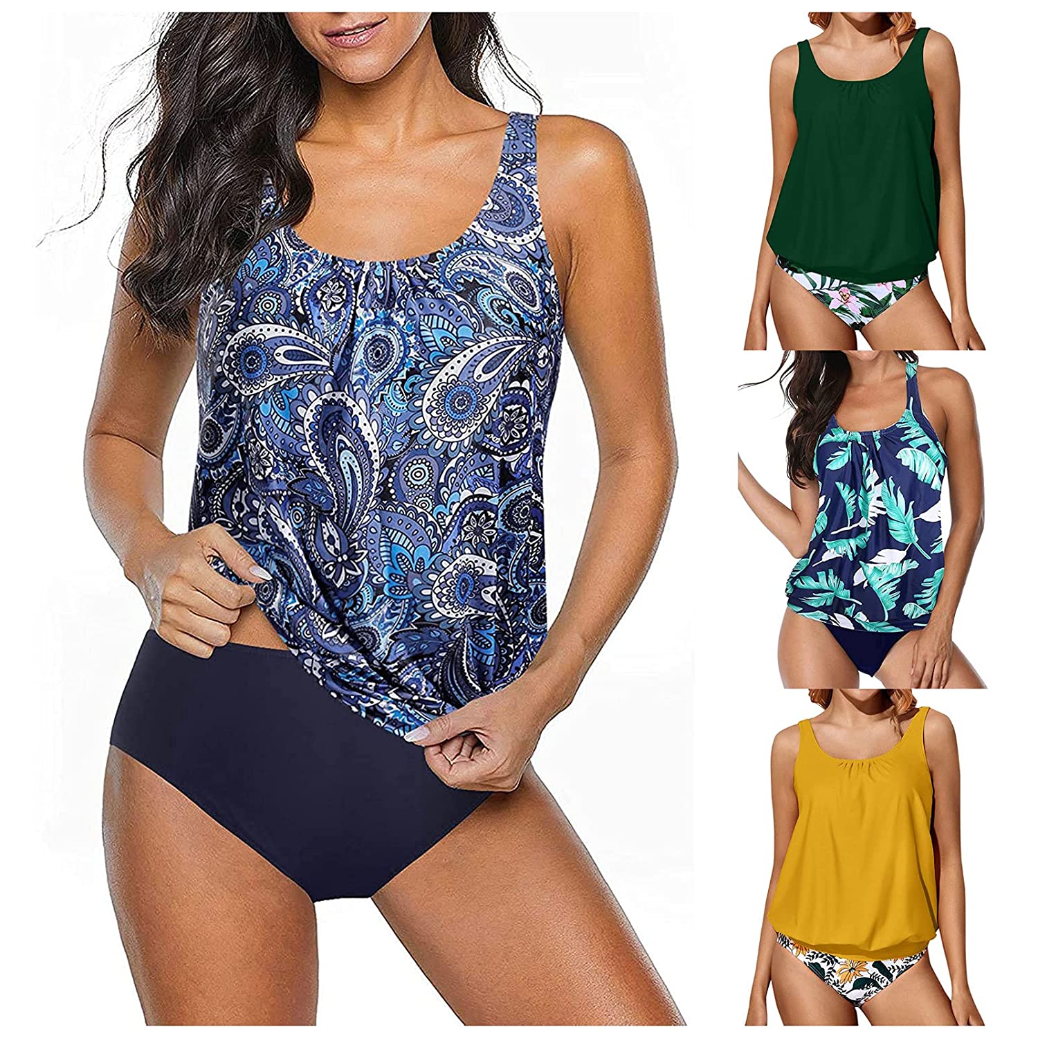 Suncih Swimsuits for Women Two Piece Flowy Printed Tankini Tummy Control Swimwear