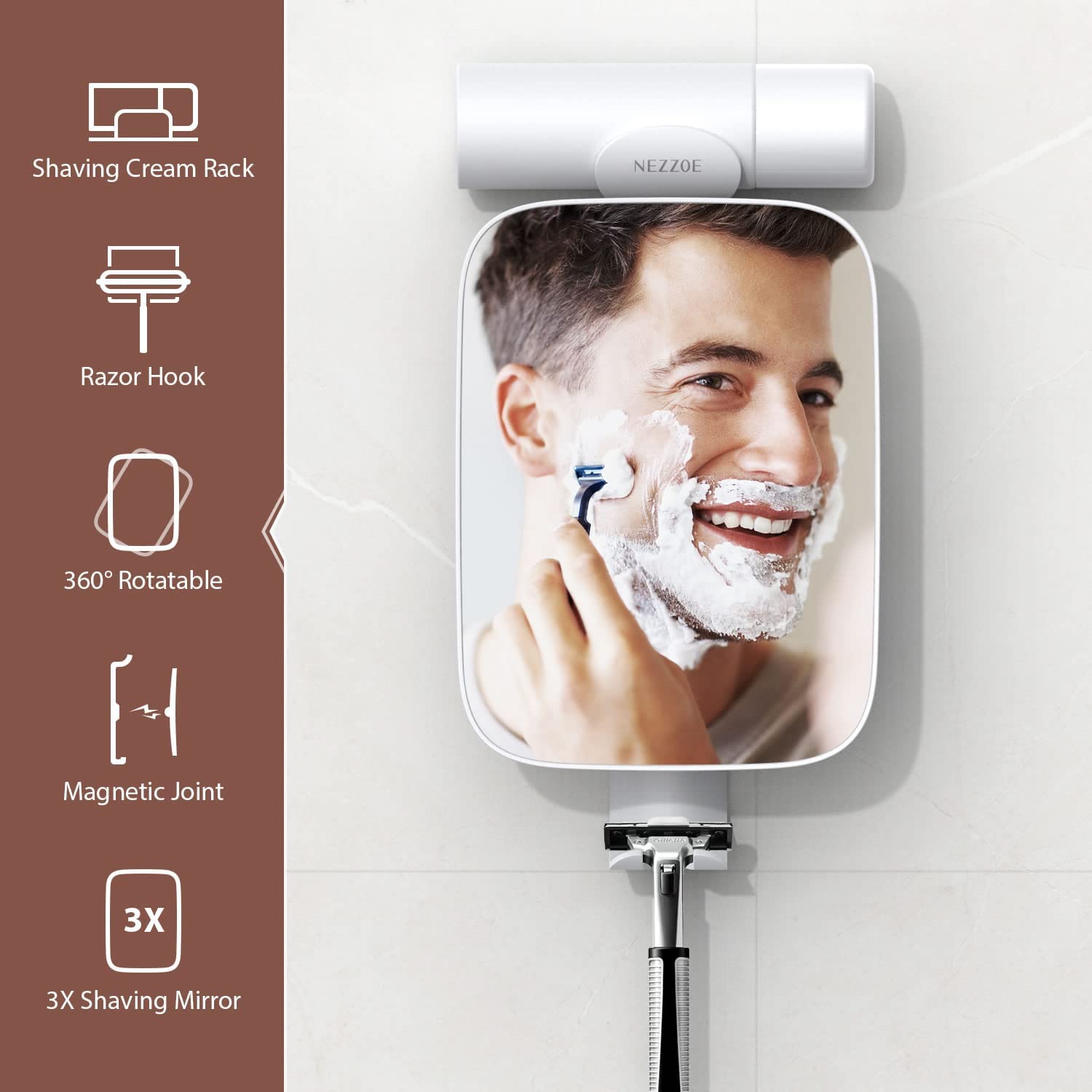 NEZZOE 3X Magnifying Shower Mirror for Shaving, Bathroom Mirror with