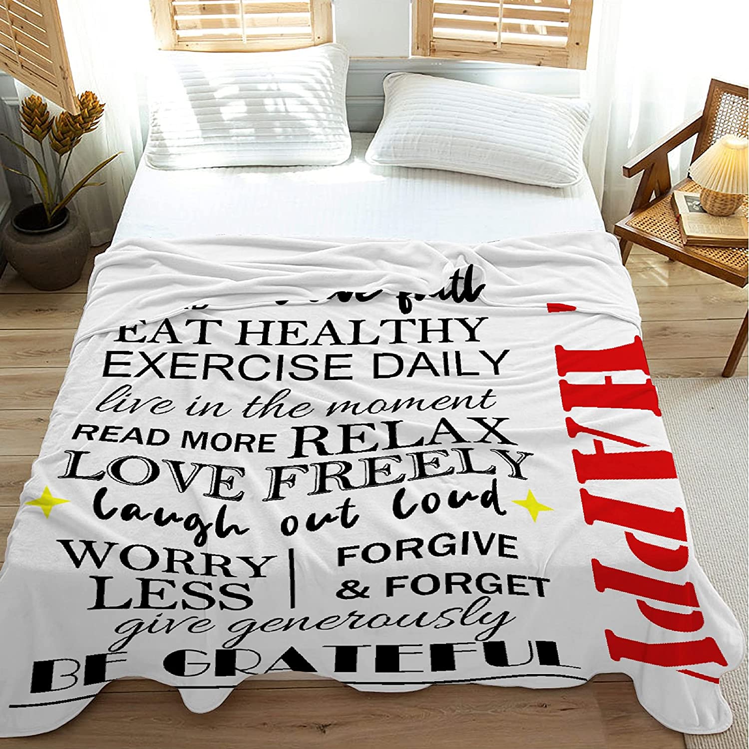 Flannel Fleece Super Soft Cozy Blanket Be Happy All Seasons Lightweight Microfiber Throw for Living 