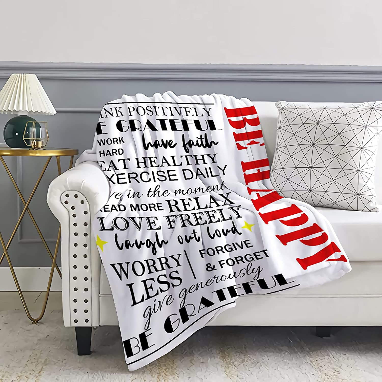 Flannel Fleece Super Soft Cozy Blanket Be Happy All Seasons Lightweight Microfiber Throw for Living 