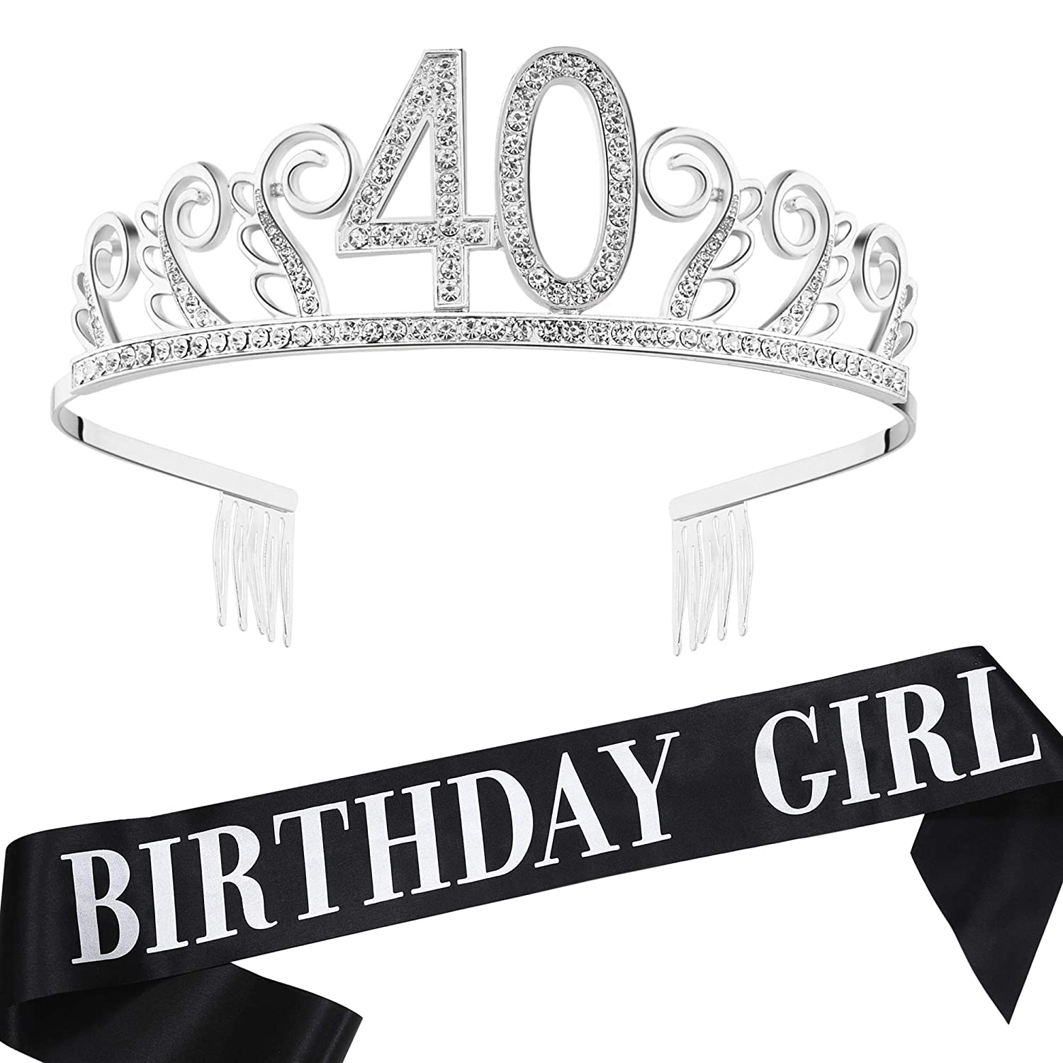 BABEYOND 40th Birthday Tiara and Sash Crystal Happy Birthday Crown and Satin 40 & Fabulous Sash 40th