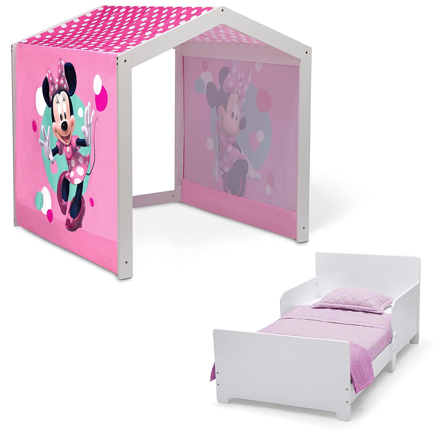 Disney Minnie Mouse Indoor Playhouse with Fabric Tent + MySize Wood Toddler Bed by Delta Children, B