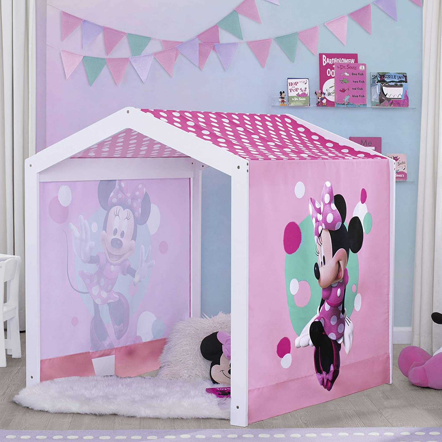 Disney Minnie Mouse Indoor Playhouse with Fabric Tent + MySize Wood Toddler Bed by Delta Children, B