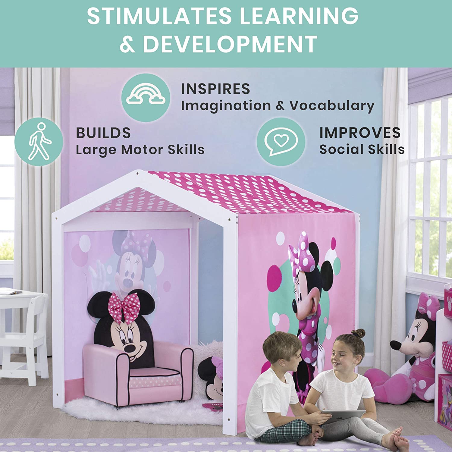 Disney Minnie Mouse Indoor Playhouse with Fabric Tent + MySize Wood Toddler Bed by Delta Children, B