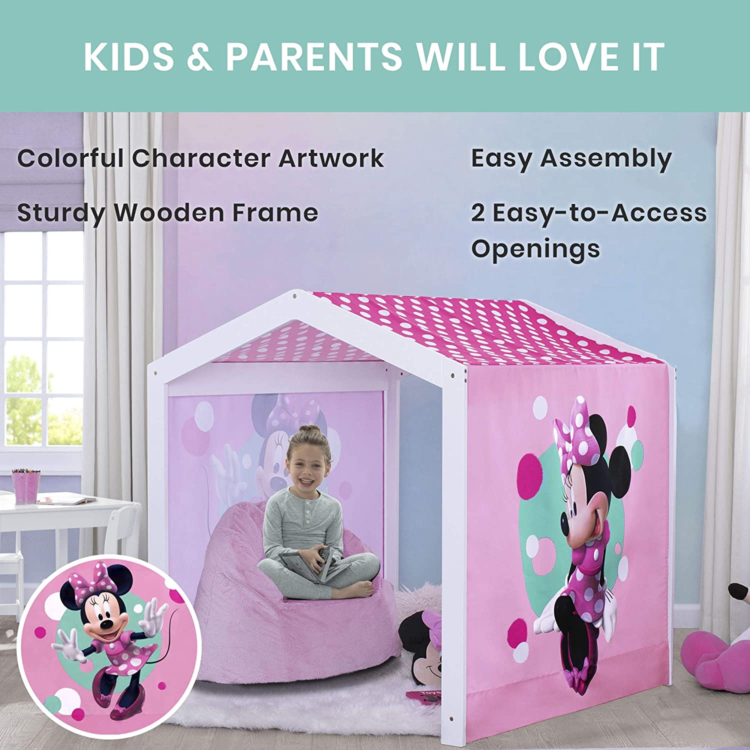 Disney Minnie Mouse Indoor Playhouse with Fabric Tent + MySize Wood Toddler Bed by Delta Children, B