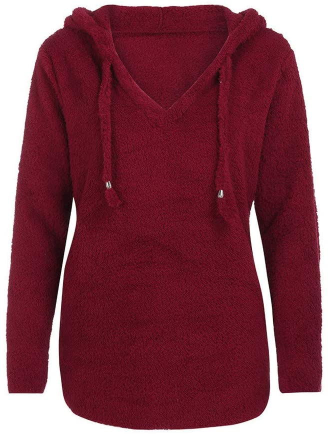 Dosoop Womens Solid Color Casual Fleece Fluffy Crewneck Long Sleeve Blouse Winter Warm Sweatshirt Ho