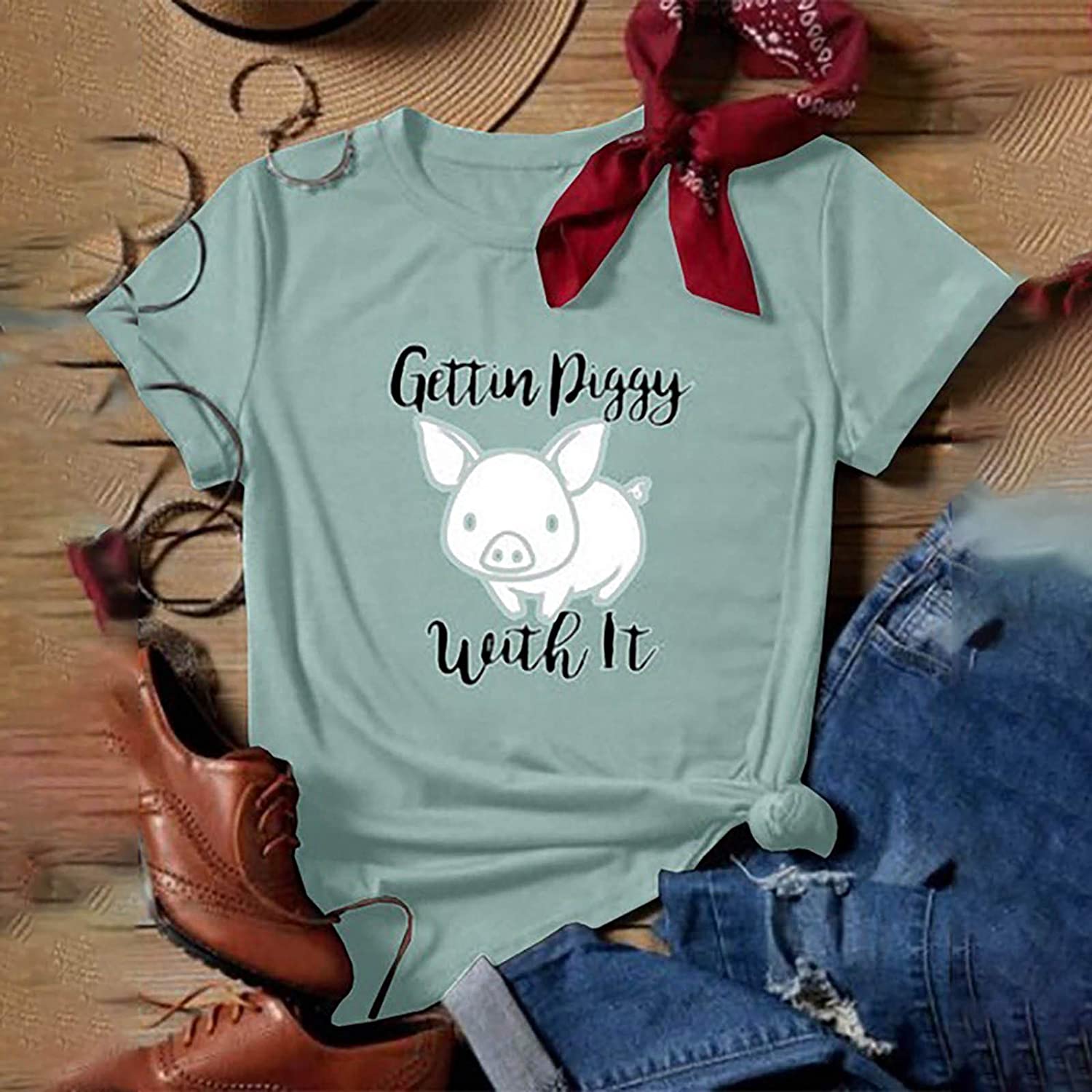 Dosoop Getting Piggy with It Piglets Pig Shirt Funny Letter Printed Lovers Birthday Short Sleeve T-S