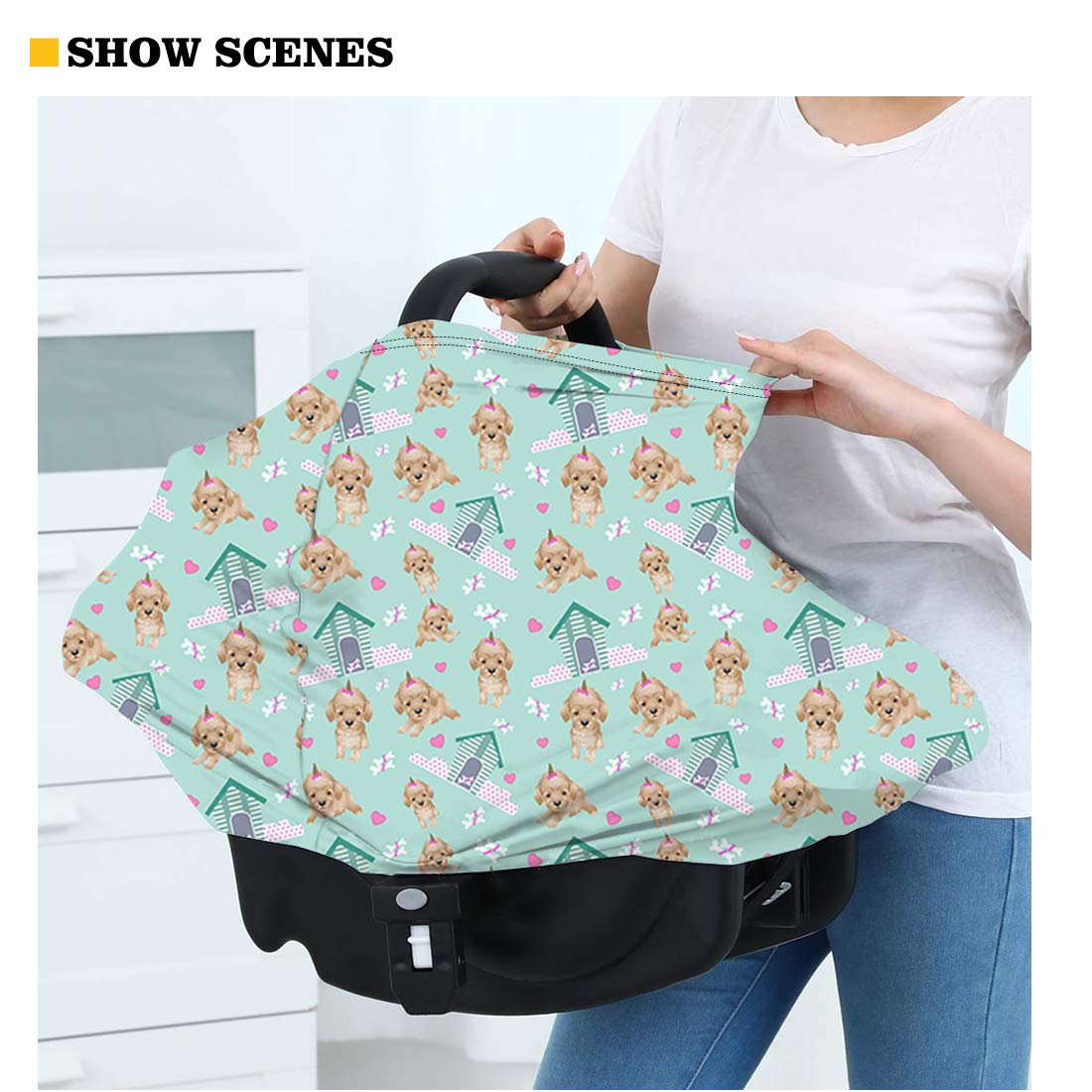 JEOCODY Pocket Denum Pug Dog Pattern Multifunctional Baby Breastfeeding Cover Car Seat Cover Canopy