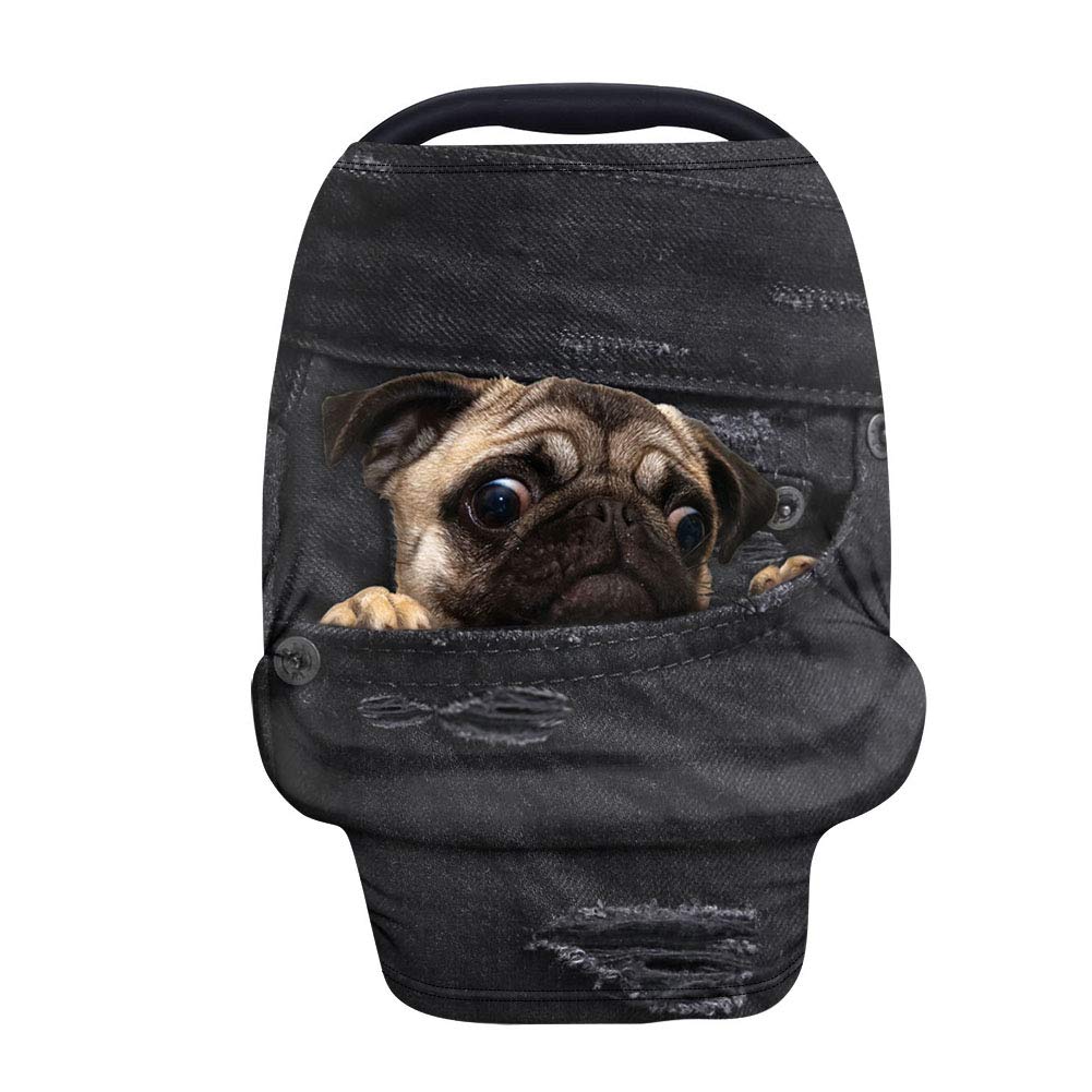 JEOCODY Pocket Denum Pug Dog Pattern Multifunctional Baby Breastfeeding Cover Car Seat Cover Canopy