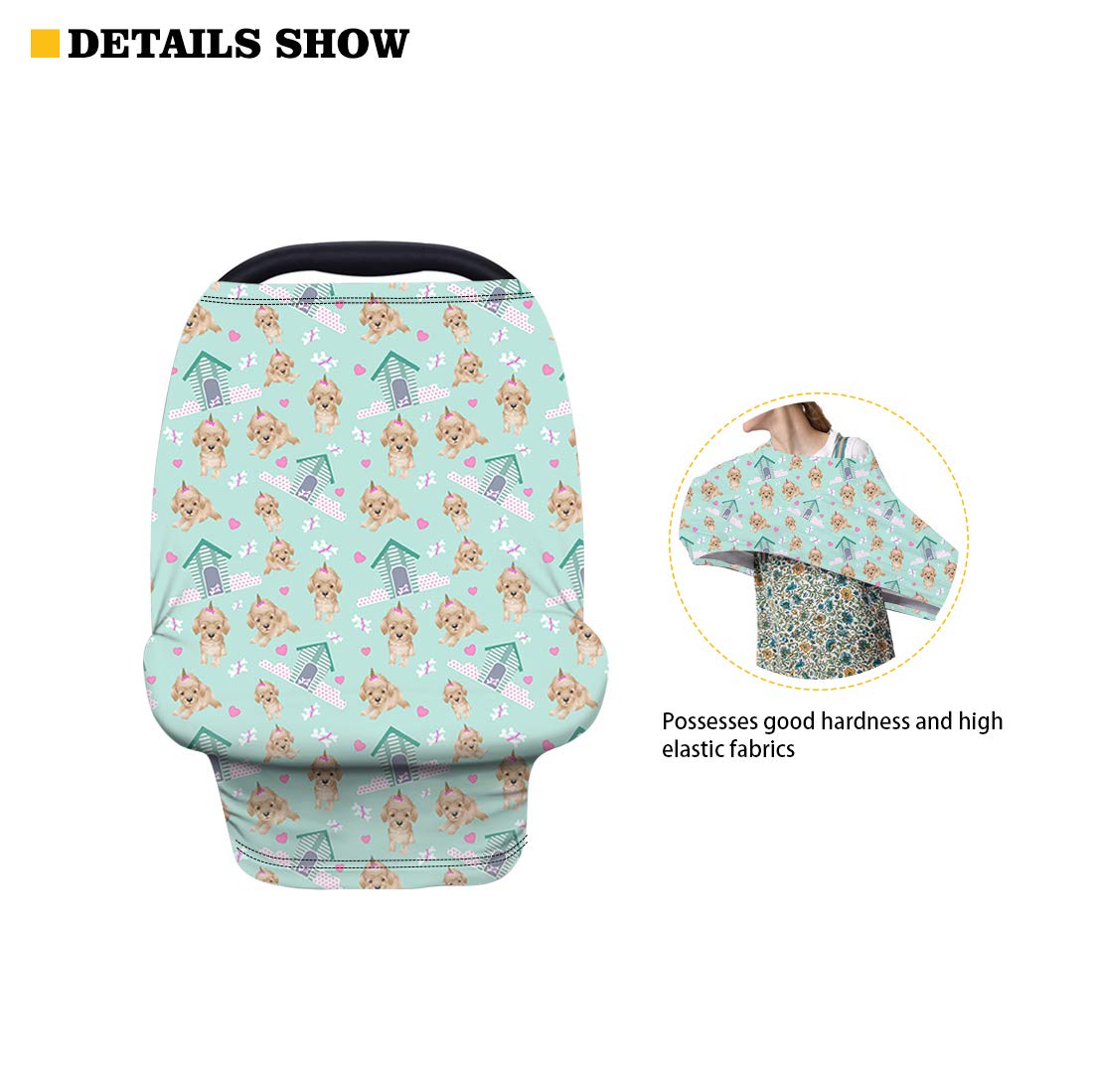 JEOCODY Pocket Denum Pug Dog Pattern Multifunctional Baby Breastfeeding Cover Car Seat Cover Canopy