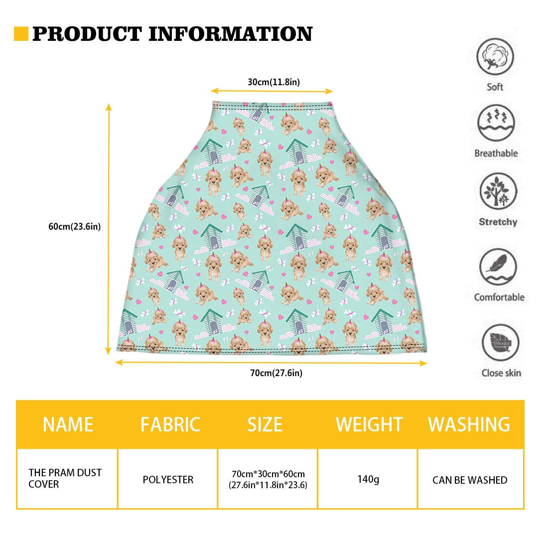 JEOCODY Pocket Denum Pug Dog Pattern Multifunctional Baby Breastfeeding Cover Car Seat Cover Canopy