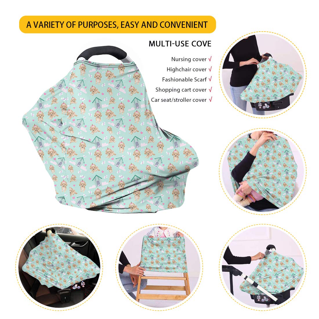 JEOCODY Pocket Denum Pug Dog Pattern Multifunctional Baby Breastfeeding Cover Car Seat Cover Canopy