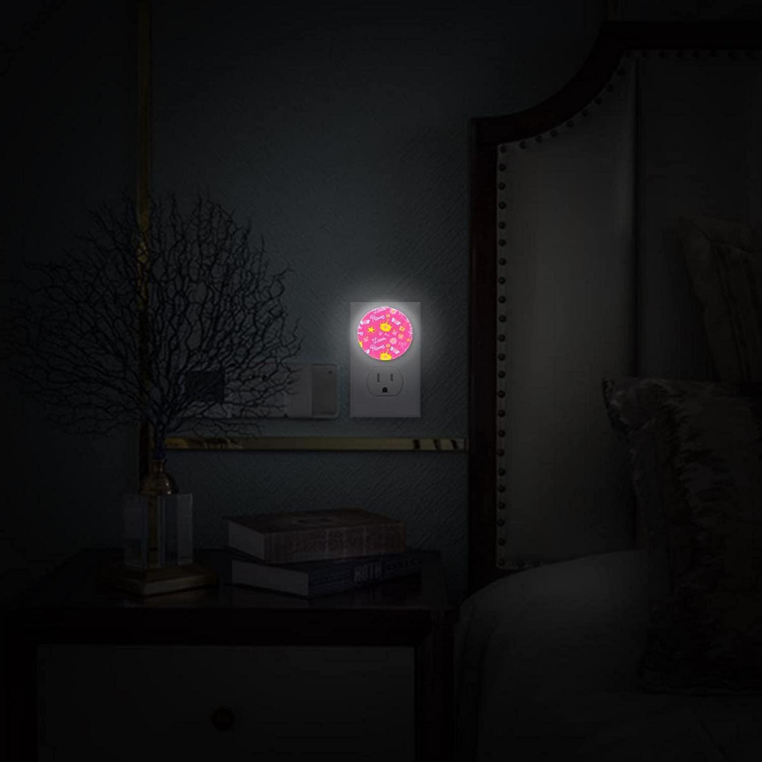Pink Yellow Crown Flowers Little Princess Light Lamp Plug into Wall Light Sensor Suitable for Kid Ro