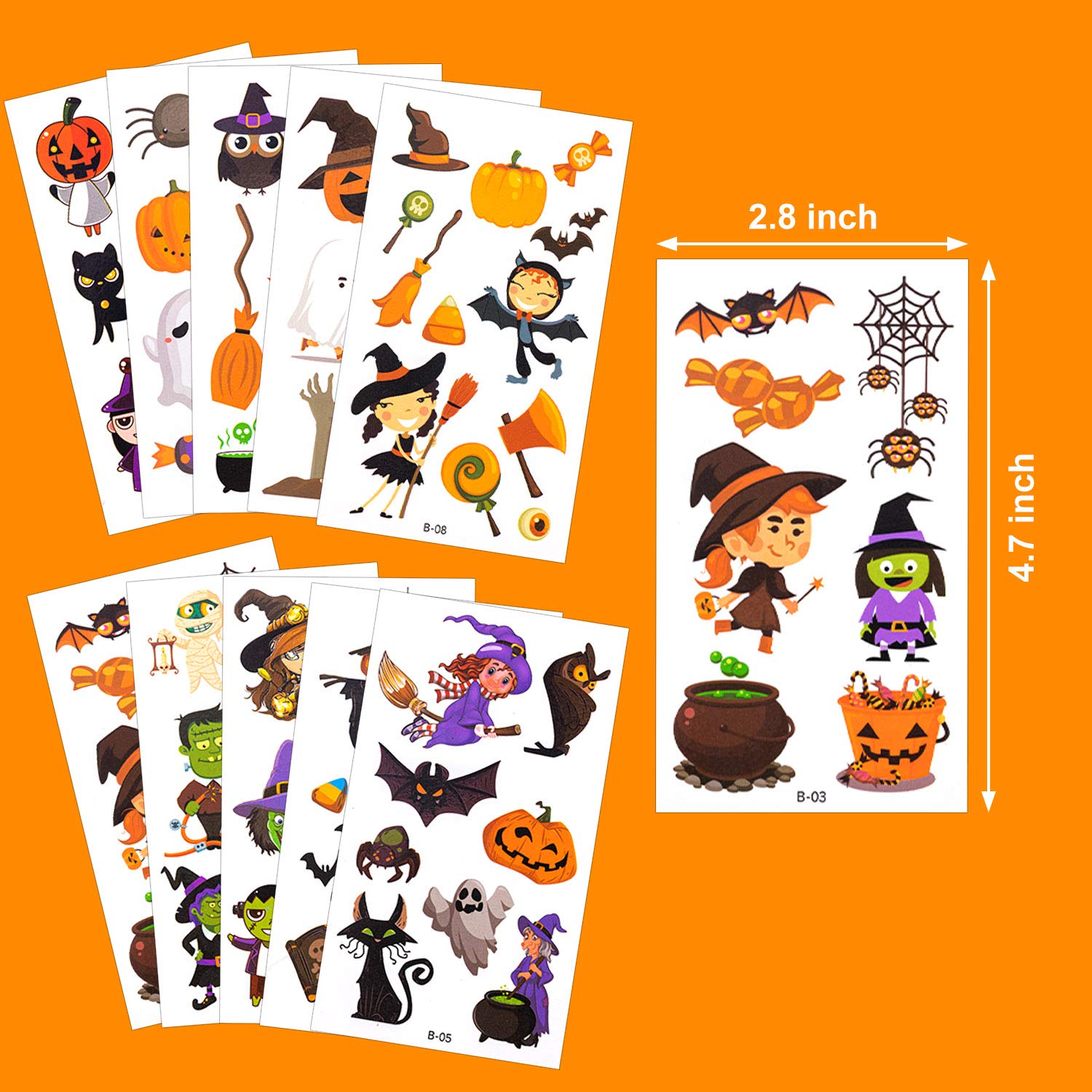 Halloween Temporary Tattoos for Kids, 100 Assorted Waterproof Cute Pumpkin Tattoos Stickers for Kids