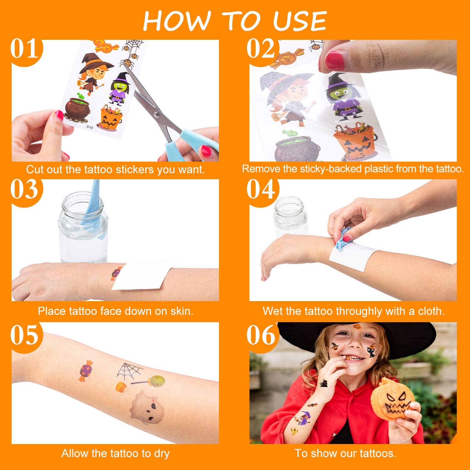 Halloween Temporary Tattoos for Kids, 100 Assorted Waterproof Cute Pumpkin Tattoos Stickers for Kids