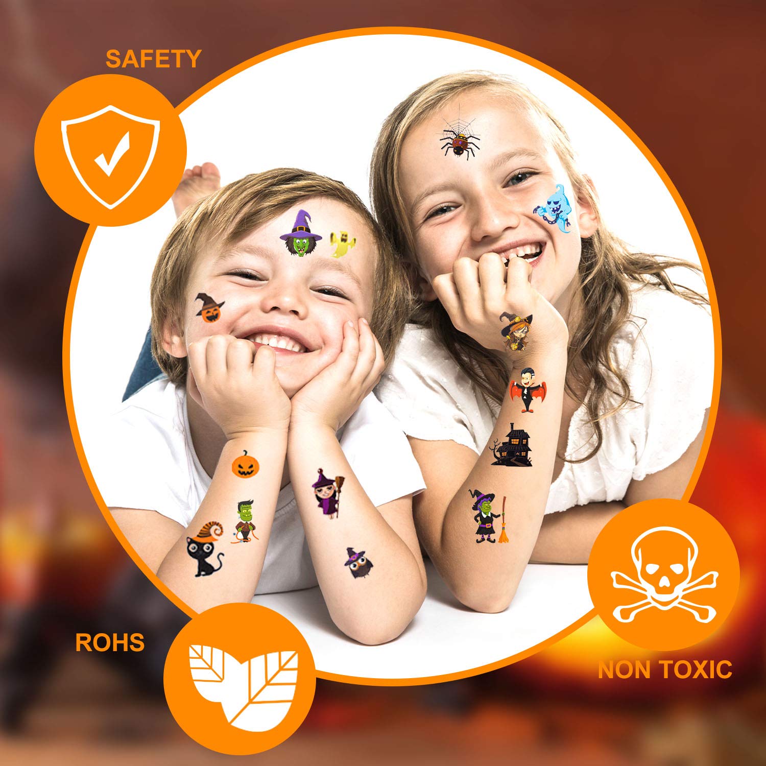 Halloween Temporary Tattoos for Kids, 100 Assorted Waterproof Cute Pumpkin Tattoos Stickers for Kids