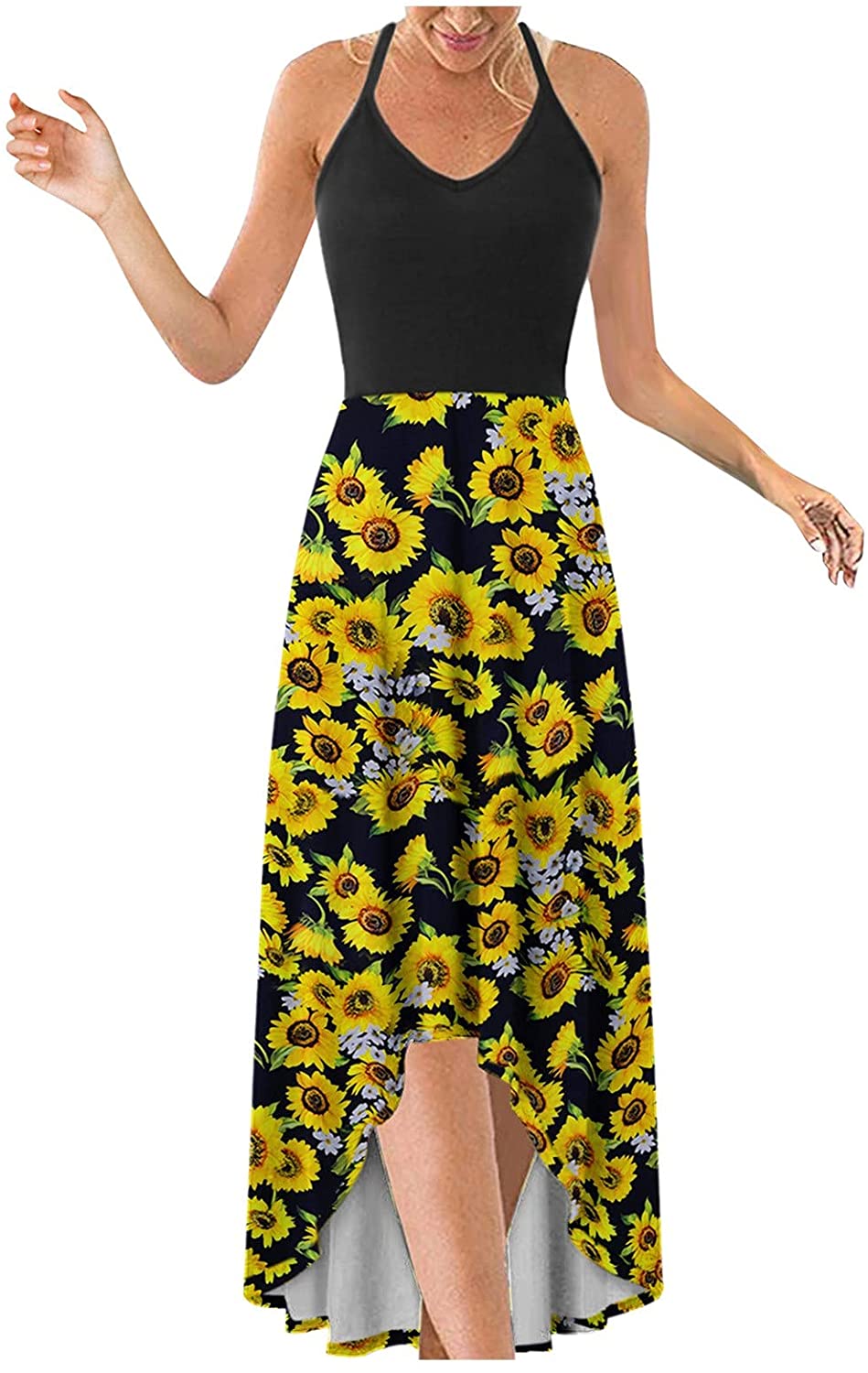 WYTong Women Sexy V-Neck Elegant Party Dress Irregular Hem Prints Long Party Dress Spaghetti Strap D