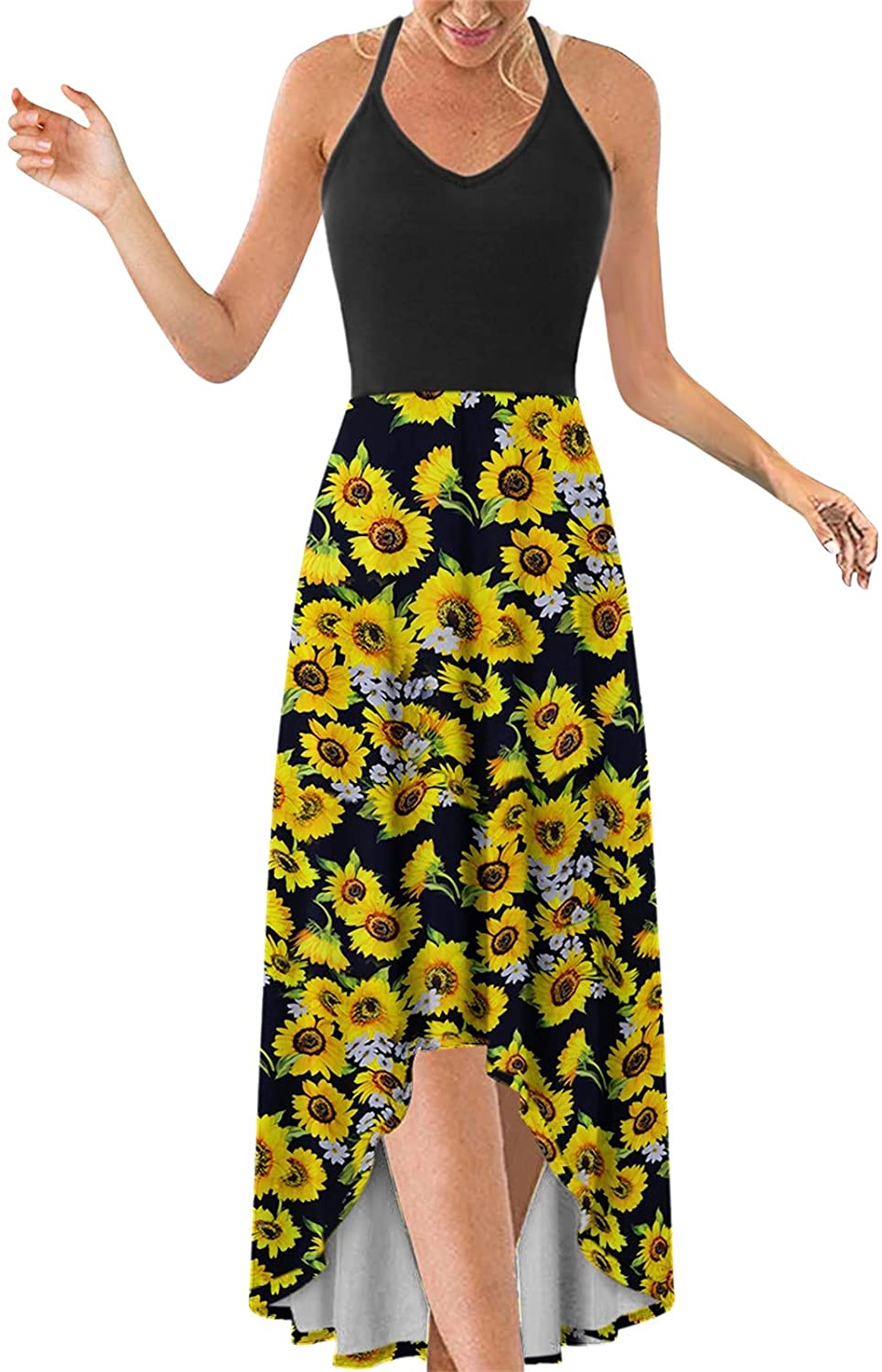 WYTong Women Sexy V-Neck Elegant Party Dress Irregular Hem Prints Long Party Dress Spaghetti Strap D