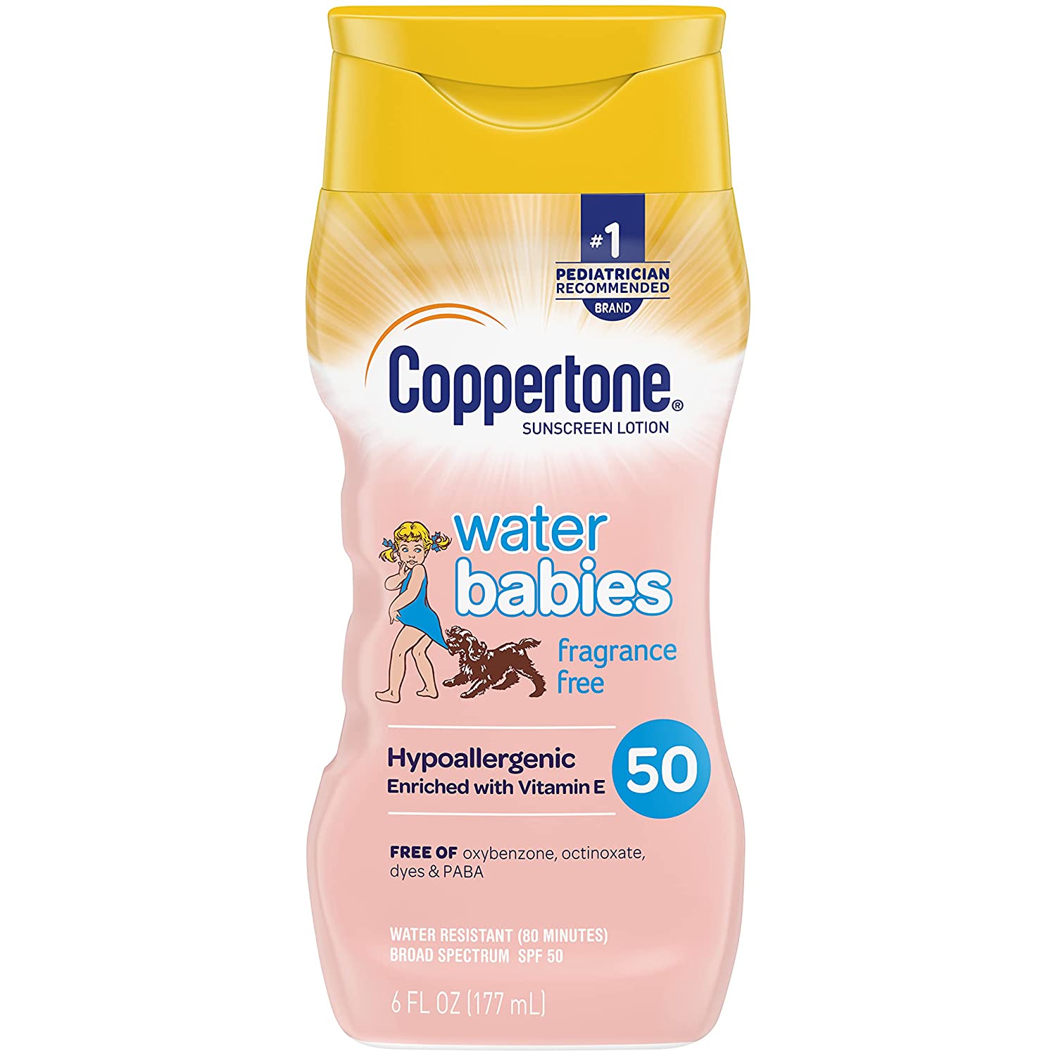 Coppertone Waterbabies Fragrance Free SPF 50 Sunscreen Lotion, Tear Free, Water Resistant, #1 Pediat