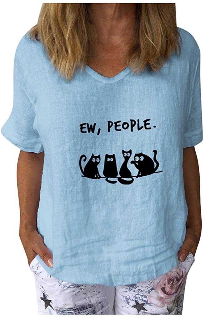 Dosoop EW People Letter Print Linen Shirts Women Summer Short Sleeve Basic V Neck Casual Loose T-Shi