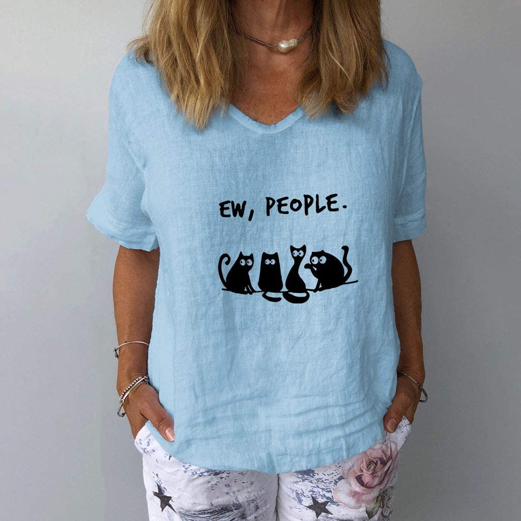 Dosoop EW People Letter Print Linen Shirts Women Summer Short Sleeve Basic V Neck Casual Loose T-Shi