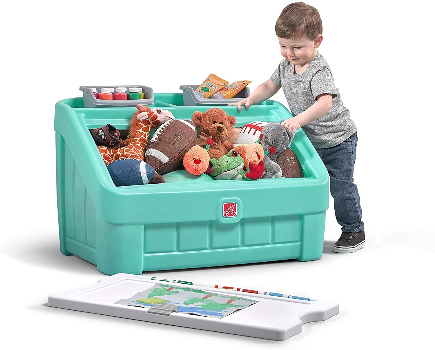 Step2 2in1 Toy Box & Art Lid Plastic Toy & Art Storage Container, Mint