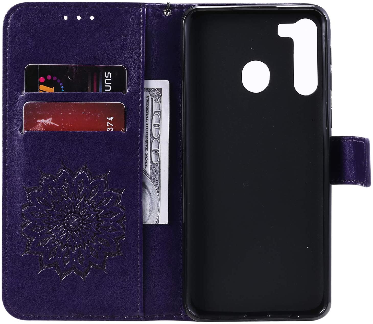 Cfrau Kickstand Wallet Case with Black Stylus for Samsung Galaxy A21,Retro Mandala Sunflower PU Leat