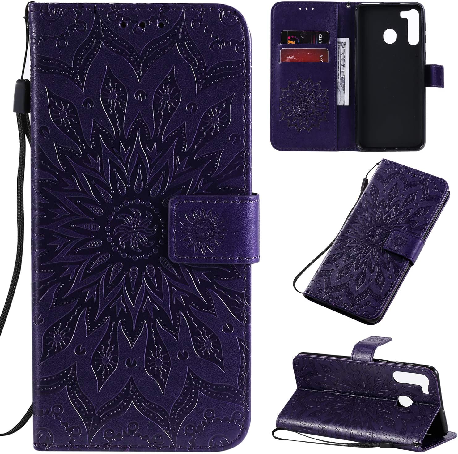 Cfrau Kickstand Wallet Case with Black Stylus for Samsung Galaxy A21,Retro Mandala Sunflower PU Leat