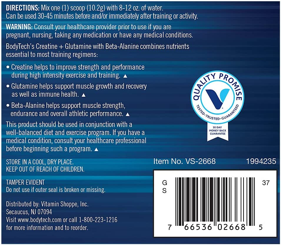 BodyTech Creatine Glutamine 5GM with Beta Alanine Unflavored Supports Muscle Growth, Recovery Immune