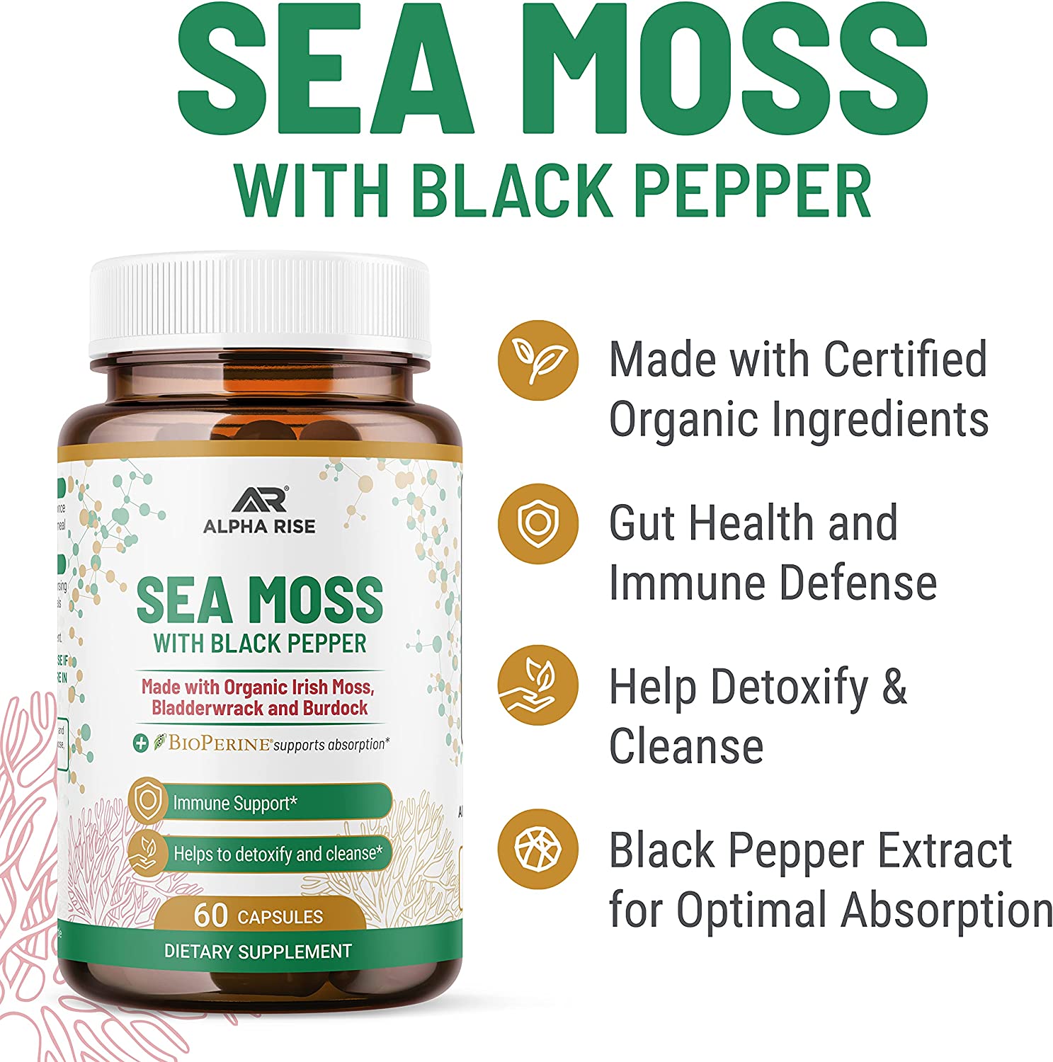 Organic Sea Moss Capsules - Irish Sea Moss and Bladderwrack Capsules with Burdock for Thyroid Suppor