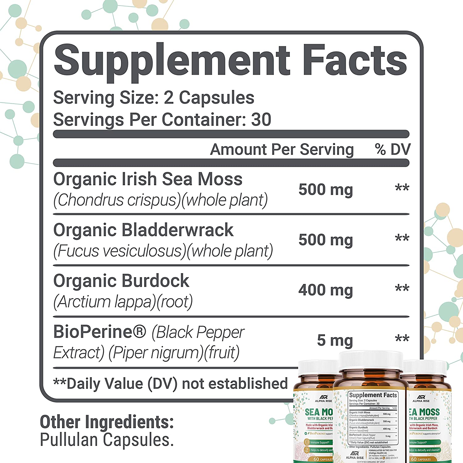 Organic Sea Moss Capsules - Irish Sea Moss and Bladderwrack Capsules with Burdock for Thyroid Suppor