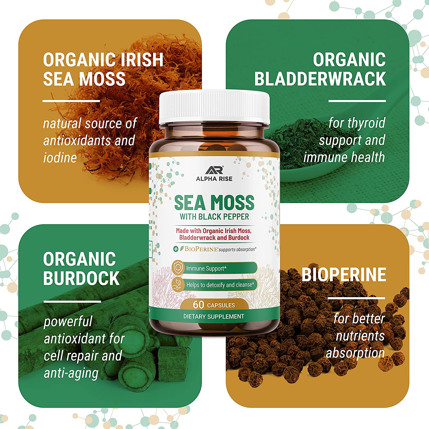Organic Sea Moss Capsules - Irish Sea Moss and Bladderwrack Capsules with Burdock for Thyroid Suppor
