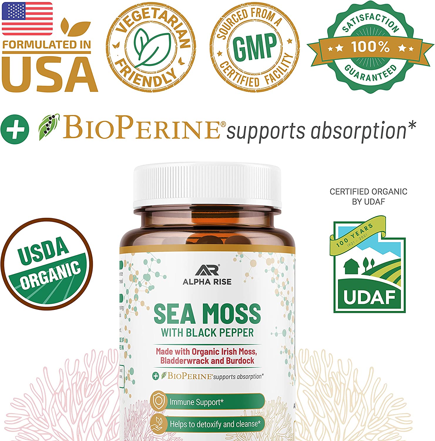Organic Sea Moss Capsules - Irish Sea Moss and Bladderwrack Capsules with Burdock for Thyroid Suppor