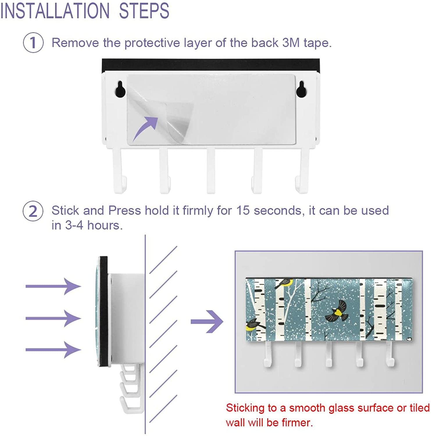 Snowy Birch Trees Branches Birds Key Holder for Wall with Mail Organizer, Self Adhesive Key Rack wit