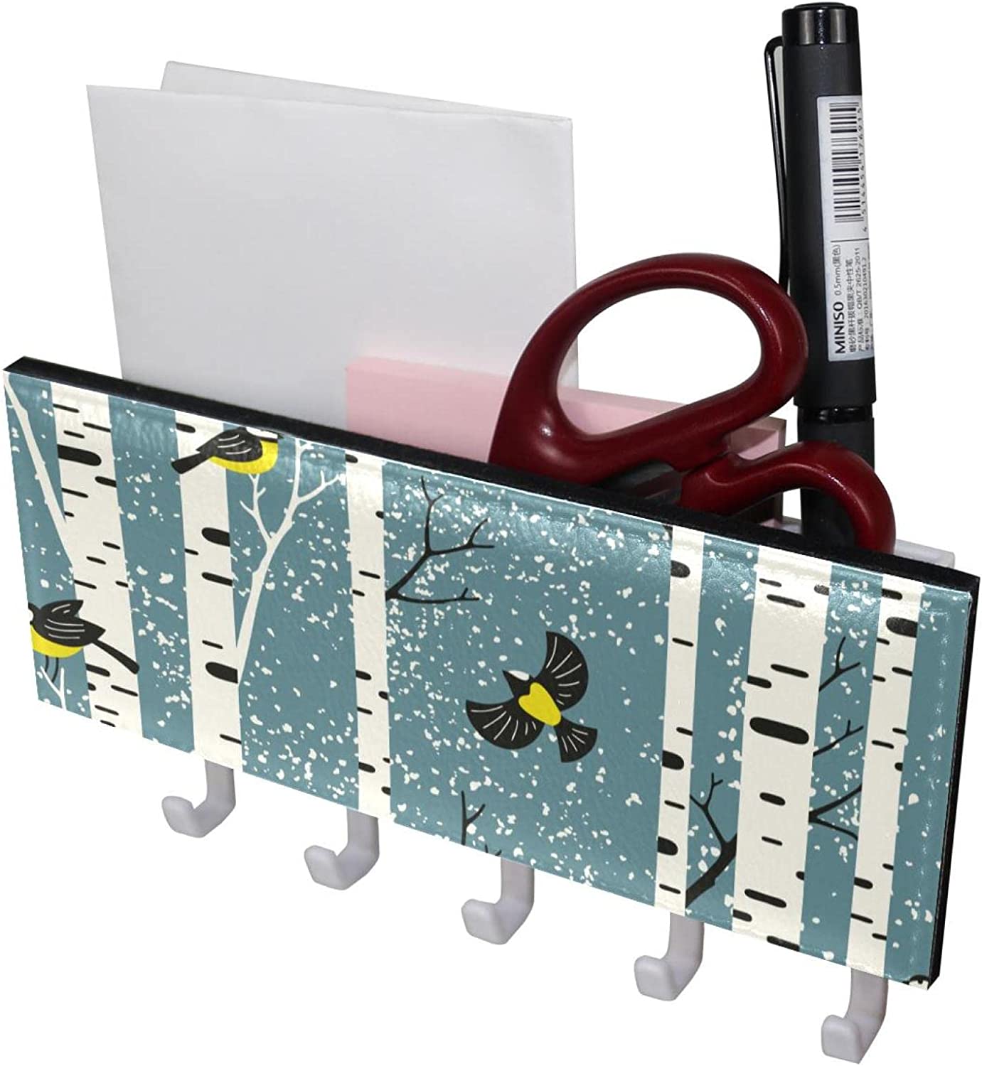 Snowy Birch Trees Branches Birds Key Holder for Wall with Mail Organizer, Self Adhesive Key Rack wit