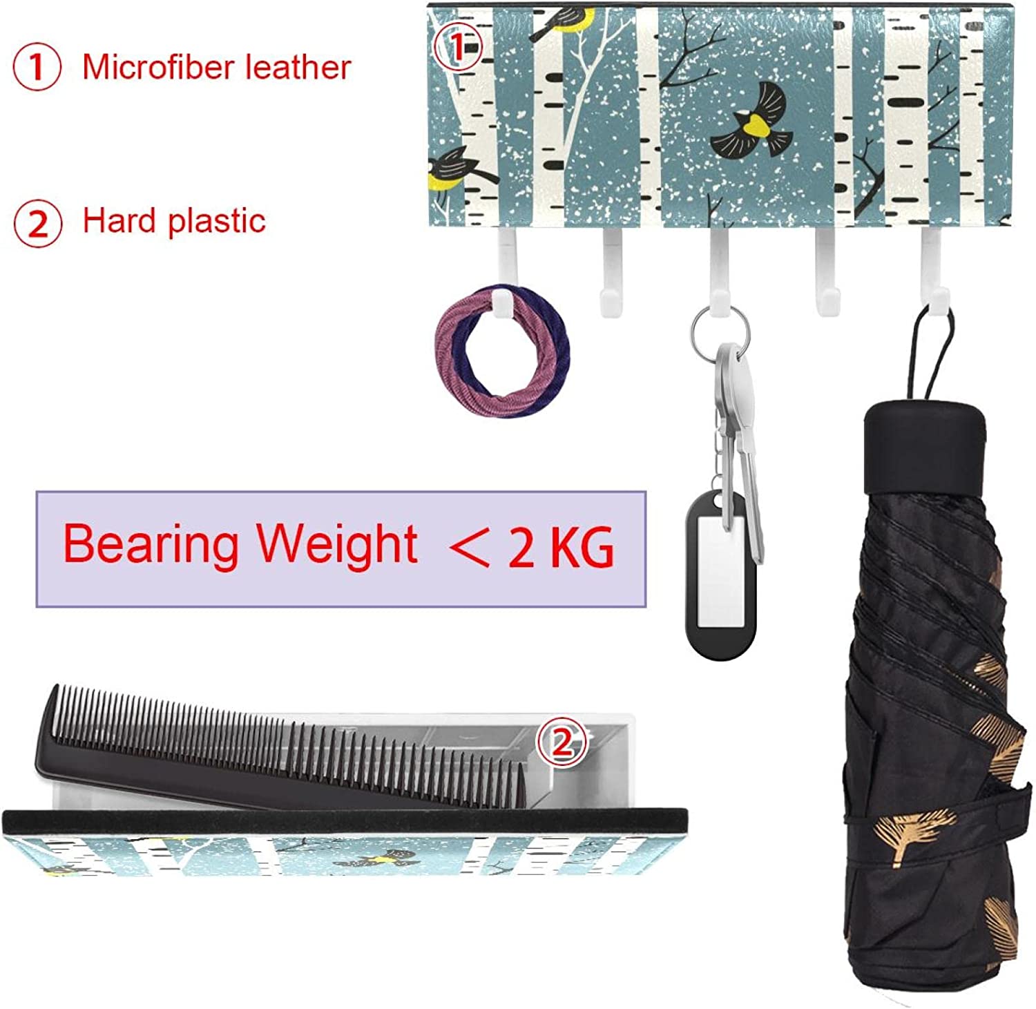 Snowy Birch Trees Branches Birds Key Holder for Wall with Mail Organizer, Self Adhesive Key Rack wit