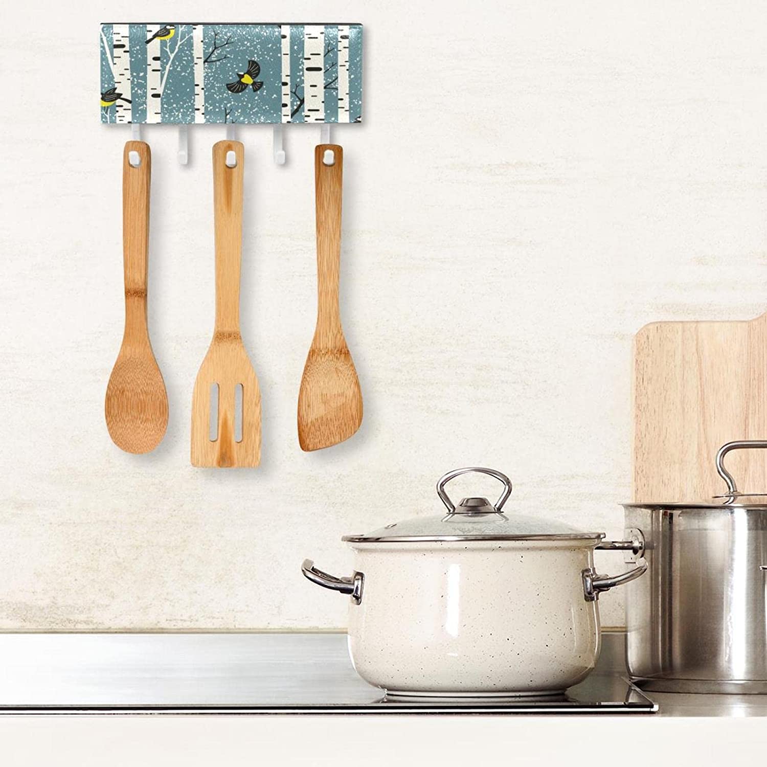 Snowy Birch Trees Branches Birds Key Holder for Wall with Mail Organizer, Self Adhesive Key Rack wit