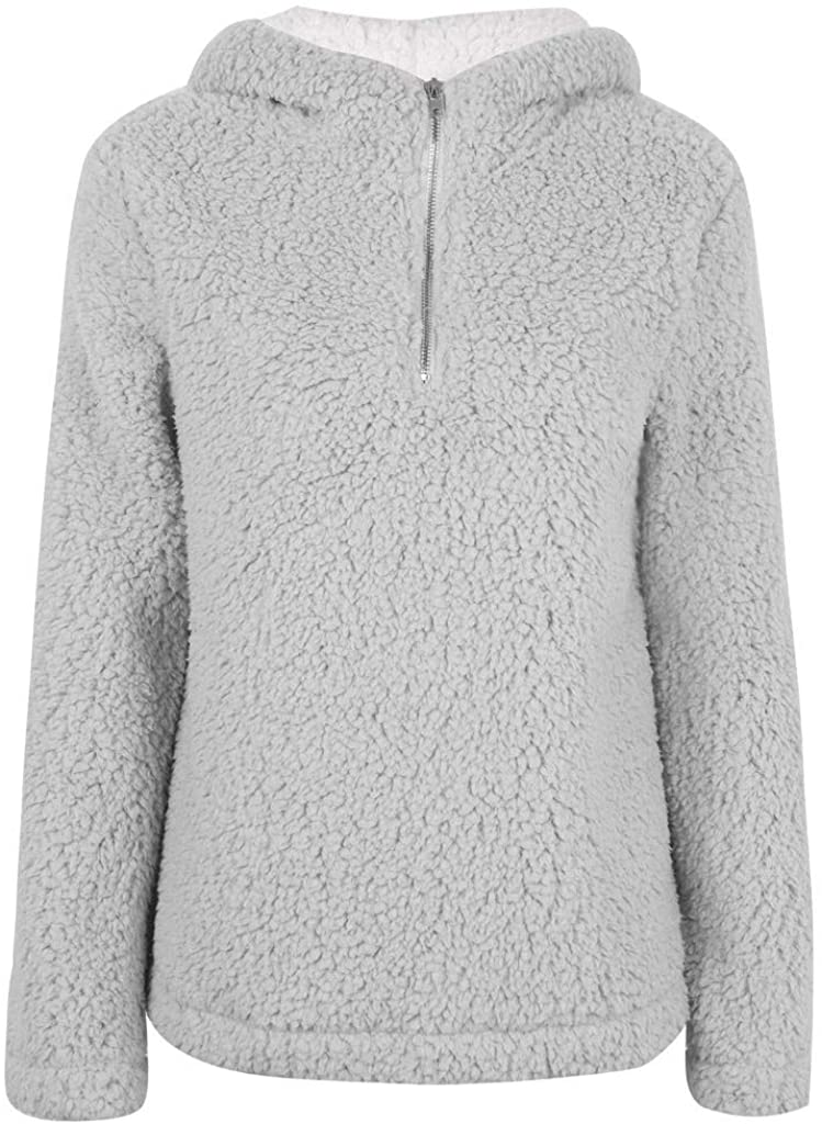 WUAI-Women Sherpa Sweatshirt Pullover Fuzzy Fleece Winter Coat Hooded Jackets